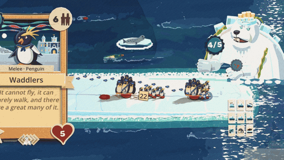 A long floe of ice on a blue paper sea, the queen at the left end and a crowd of penguins in front of Calvin, the polar bear, at the right. The floe rocks gently, its ends dipping into the water and lifting out again with a little spray