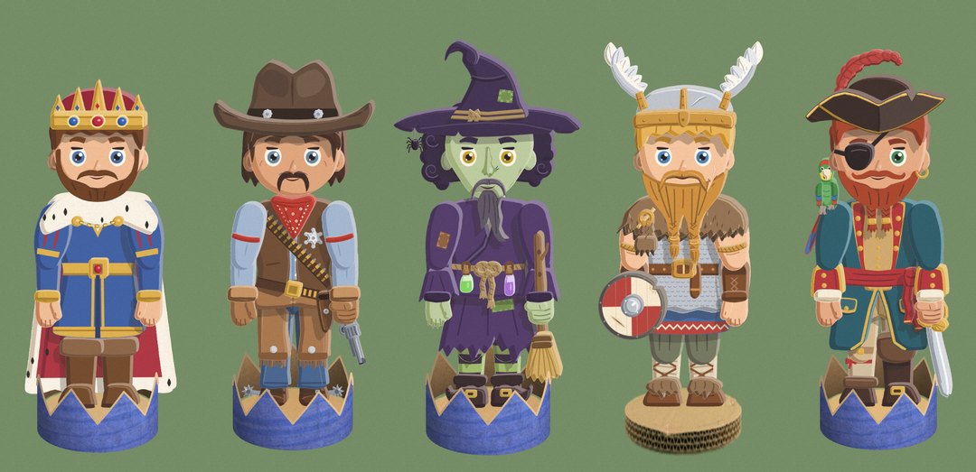 Five warlords standing in a row on a green background: the King, the Gunslinger, the Witch and the Pirate each stand in a blue-painted cardboard crown with seven points round their feet, and the Viking stands on a plain cardboard disc