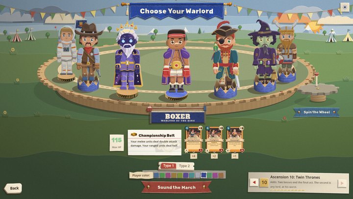 Choose Your Warlord with seven warlords on the wheel, several of them standing in blue cardboard crowns. The Boxer is at the front, with his BOXER sign, his Championship Belt pin and three starter cards under him