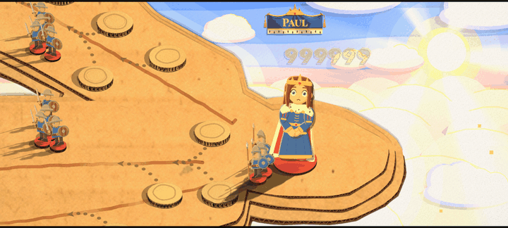 On a cardboard board in the clouds, two queens in blue stand face to face under a PAUL sign. A dark purple cloth drops over one of them and takes her shape, folds cut in layers and a gold fringe at the hem, then whips away. Where she stood there is only a lit candle on her red base, with purple scraps of paper in the air, and the candle goes out in a wisp of smoke