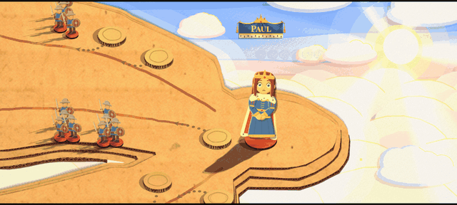 A queen grows huge inside a burst of gold card rays, picks up her smaller mirror and throws her off the board. The camera falls after her through pink paper clouds, past a village with a church and a windmill, down through brown earth with roots and a buried chest, grey rock with skulls and bones, and a cavern of lava and flame-tipped rock, until she lands in a black cauldron between two red imps with pitchforks while a horned red devil leans in over it. Then the camera climbs back up to the giant queen in her gold rays