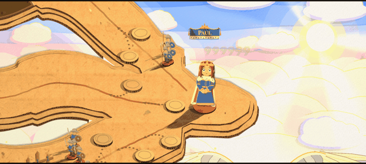 On the board in the clouds, a stone cave rises round one of the two queens: an outcrop of grey slabs and arch stones with a torch burning inside. A round boulder rolls across the mouth and seals her in, while an angel archer flies past in front