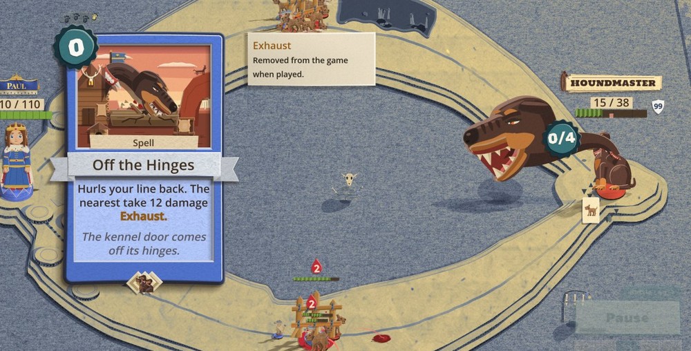 A Houndmaster fight on a ring-shaped cardboard board. On the left, the card Off the Hinges is held up, its picture a black and tan dog's head on a long neck with a spiked red collar, biting down into broken planks in a kennel yard. On the right, the Houndmaster's own head is stretched out off his shoulders on its neck with its jaws wide open