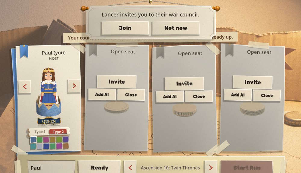 The War Council table with the host's seat card and three open seats. A cream note hangs over the top on a string, reading Lancer invites you to their war council, with Join and Not now buttons