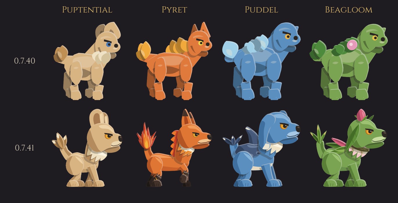 The Puptential line in two rows on a dark board, named in gold: Puptential, Pyret, Puddel and Beagloom. The top row, marked 0.7.40, shows four stiff jointed dogs in tan, orange, blue and green. The bottom row, marked 0.7.41, shows the same four redrawn: a tan pup with big ears and a cream scarf, an orange fox-eared dog with a flame tail and sooty legs, a blue dog with a shark's fin and a fluke tail, and a green dog with leaf ears, a pink bud and a vine collar