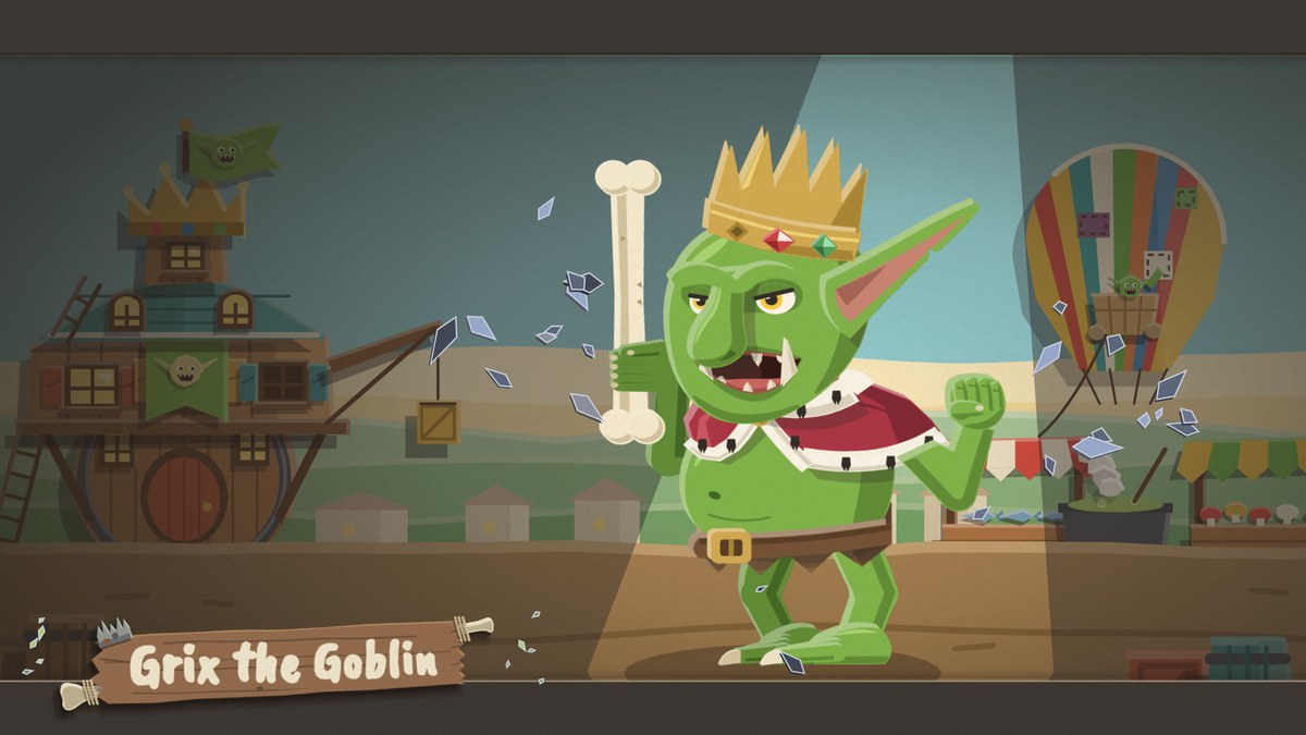 Grix the Goblin's entrance page: a green goblin in a gold crown and a red ermine cape, a bone raised in one fist and the other fist clenched, landing in a spotlight in front of his goblin village with a balloon behind him, glass shards flying where he lands, and his name on a wooden plank nameplate tied with bones