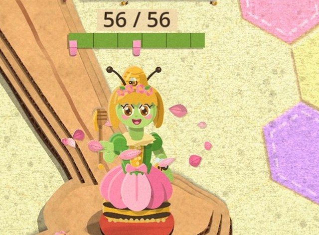 Verdy B. Queen close up on her board: a green-skinned queen with a beehive bun, bee antennae and a wreath of pink flowers, in a pink tulip skirt over a honey-striped base. Cut-paper petals in three pinks ride a ring around her chest, some across her bodice, some out past her arms and some behind her shoulders, each tipped a different way as the wave runs round, under her health bar at 56 of 56