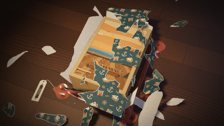 The gift box on a dark wooden floor at the moment its paper gives way: the dark green wrapping printed with ships, anchors and treasure chests is peeling off in big torn sheets, falling around the box and showing the plain card box and the lid's printed ship scene underneath, with the red satin ribbon in loops on the floor and the warlord's luggage tag beside it