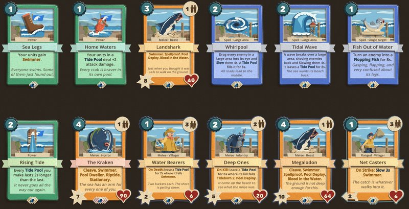 Twelve High Tide card faces on a dark board, including Landshark, Whirlpool, Tidal Wave, Fish Out of Water, The Kraken and Megalodon, all with a rocky shore behind them