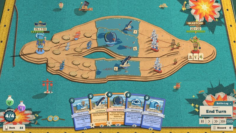 Whole battle on turquoise felt against Blastcap: blue Tide Pools cut into the kraft-paper road, the Kraken and a Landshark in the upper pool, a Megalodon in the lower one, and a hand of High Tide cards along the bottom with the Tide Mage as commander