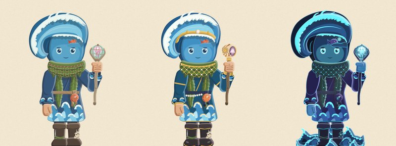 The Tide Mage in three looks, Battleworn, Gilded and Ascendant: a curling wave for a head, foam and a small fish on the brow, a kelp and net scarf and a jellyfish-in-glass staff. The Ascendant look is dark with glowing edges and stands in a breaker