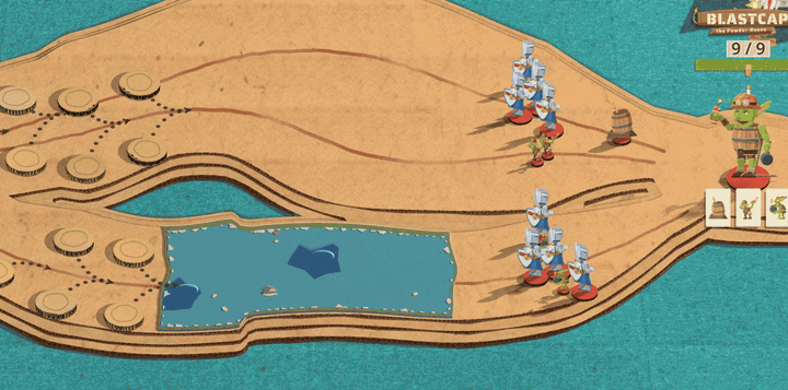 Four identical knights start level on two roads. The squad on the dry road marches nearly the whole way while the squad on the flooded road is still in the middle of the pool, wading ankle-deep