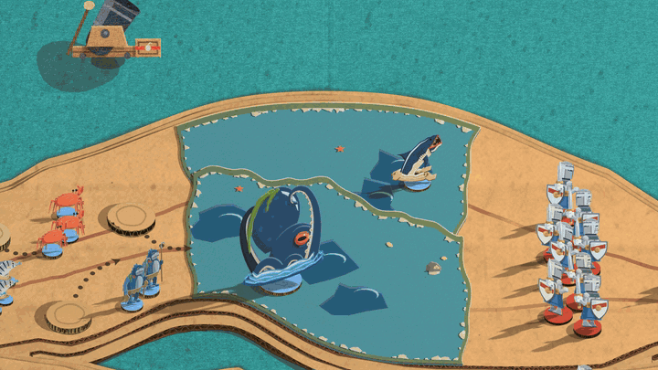 Close-up of a round in the water: crabs and Archerfish swim in, the Landshark charges a line of knights, the knights slow as they enter the pool, and the Kraken stays rooted with its tentacles up