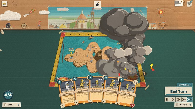 Blastcap's wipe, a huge cut-paper smoke cloud rolling over the board with the camera pulled back to show the diorama