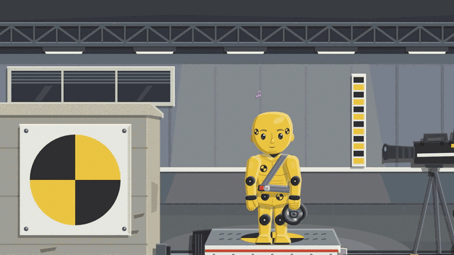 The Crash Dummy dancing with his arms out on his test-track stage, with paper music notes, a target-marked crate and a camera on a tripod