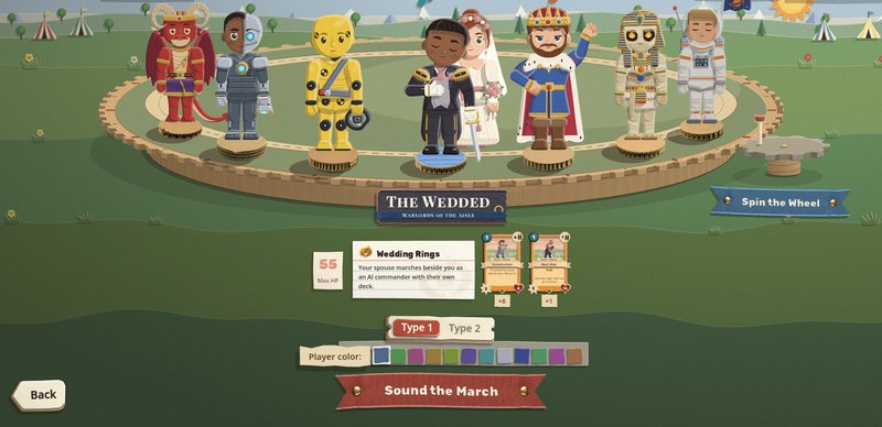 The Wedded on the warlord wheel, Warlords of the Aisle: a groom in black and gold and a bride behind him on one base, with the Wedding Rings pin beside them