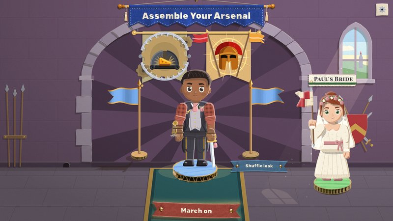 The pack draft with the Groom standing in the arch, two pack banners behind him, and his spouse in the side window as her own standee, with a nameplate reading Paul's Bride