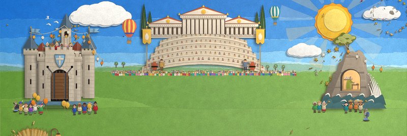 The Lantern Commonwealth's great day: a stone keep hung with lanterns, a marble assembly with tiny citizens in its tiers, hot-air balloons, a paper sun and fireworks over a parade crowd