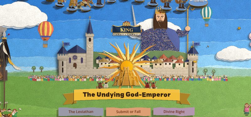 A won reign's page: the sun-rayed pyramid crest of the Undying God-Emperor standing on the meadow as a card monument, the capital and a giant crowned king behind it, and three vow chips under the banner