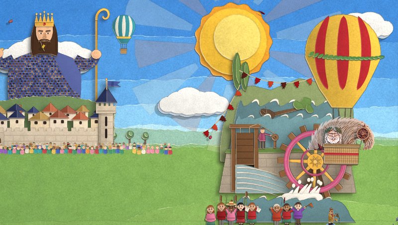 Uncle Jim's face peeping from the basket of a huge striped balloon as it drifts over a watermill