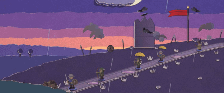 The ridge road in the rain: soldiers trudge home under yellow and pink paper umbrellas, with crows and smoke around a ruined tower and puddles on the road