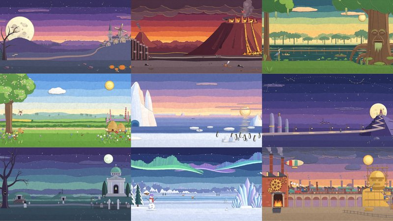 Nine small pictures of the lands in order: Moonrise Valley, Cinder Caldera, Rootmire, Bloomfields, Calving Sea, Road to the Throne, Barrow Vaults, Winterwalk and Siegeworks