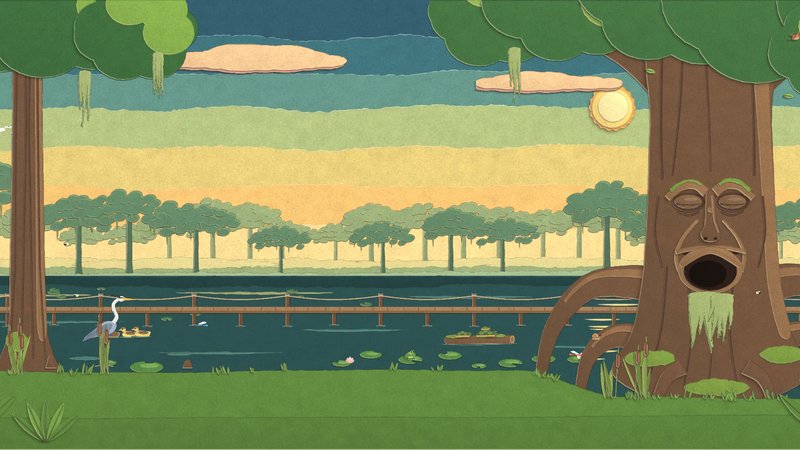The Rootmire's old tree-faced giant in the swamp with his mouth wide open behind a mossy beard, while a heron stands in the lilies