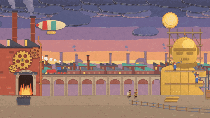 The half-built brass Colossus in his scaffolding opens his eyes and looks around, then steam shoots from his ears and he dozes off, while a toy train crosses the viaduct and two soldiers march below