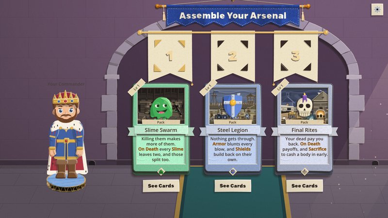 The pack draft under a stone arch with hanging numbered banners and a green carpet, the King standing beside the Slime Swarm, Steel Legion and Final Rites pack cards