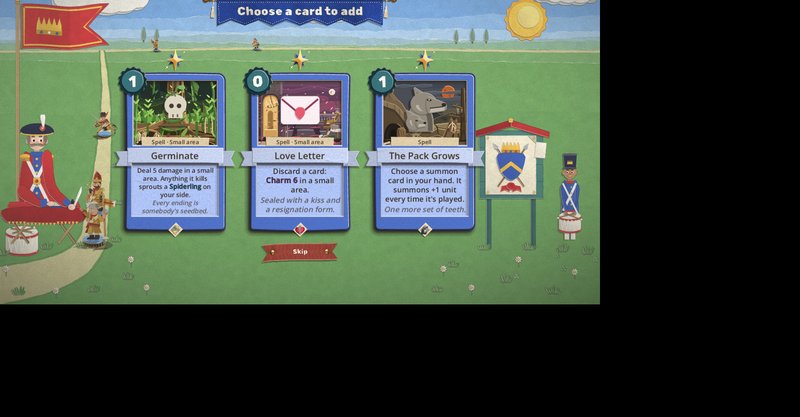 A card reward on the muster green, with a recruiting sergeant at his drum table, a queue of recruits on the path, a notice board and a toy drummer