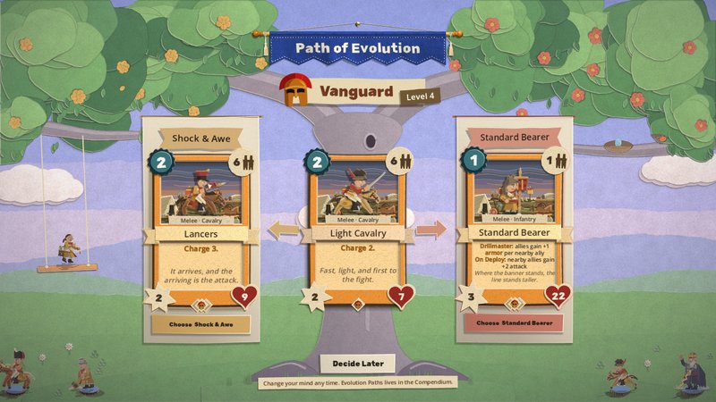The Path of Evolution under a forked flowering tree, with a recruit on a rope swing, a nest with a blue egg and units waiting at the roots