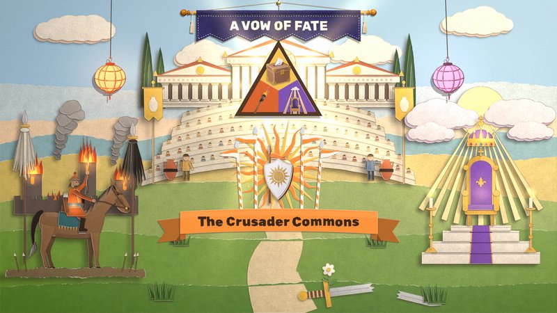 The land three vows built, The Crusader Commons: the assembly, a rider before a burning fort and a golden throne, with the vow triangle complete at the top and a flower growing by a broken sword
