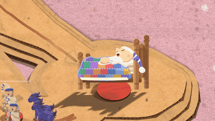Wynken asleep in his patchwork-quilt bed. A paper sheep hops over the foot of the bed and loops round, cut-paper Zs rise, and the warlord tucks him in