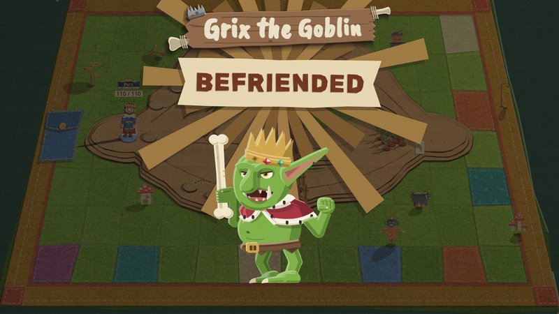 The Boss verdict page: Grix's bone-and-wood sign, a torn-paper ribbon reading BEFRIENDED, and paper rays behind him as he stands in his own colours over his green felt board