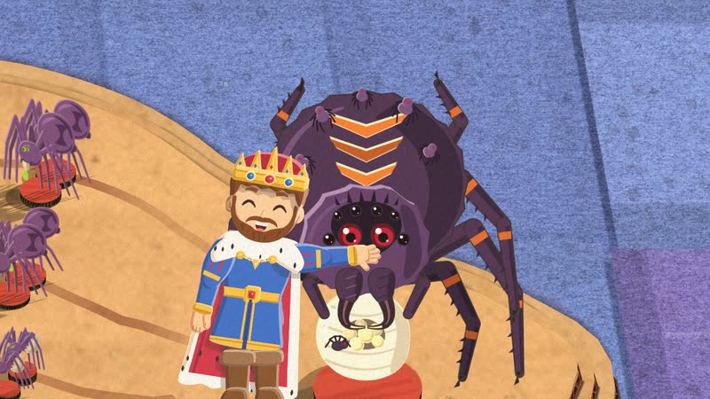 The warlord, beaming, shakes one of the Broodmother's small front hands while she looms over him on her egg sac with her spiderlings watching from the left