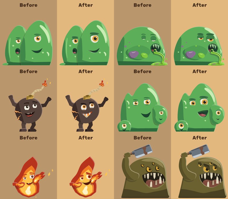Before and after pairs for Slime, Eater of Filth, Living Bomb, Slime Mama, Cinder Sprite and Sump Tyrant. The after faces have cut-card brows and lids, larger eyes and bolder mouths