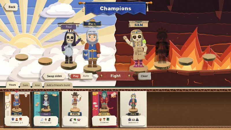 The Champions table with a paper sun and clouds on the left and a lava cave on the right, two builds against one plus a blacked-out figure, and the shelf of builds below