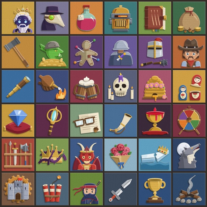 36 achievement tiles in cut paper on coloured card, including a voodoo doll, a beehive, a nesting doll, a broken ice crown, a wolf at the moon and a bouquet