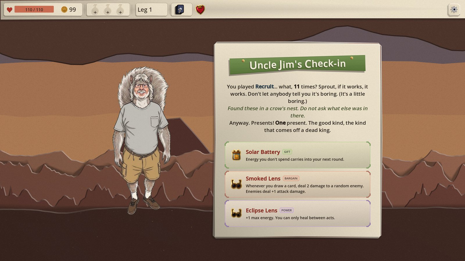 Jim's check-in, holding out three relics to choose between