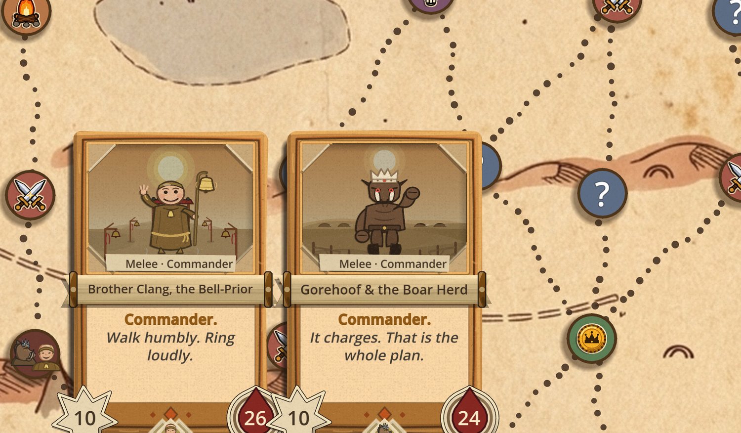A pair's map marker opened into a fan of two cards, both off true, each printing its own health