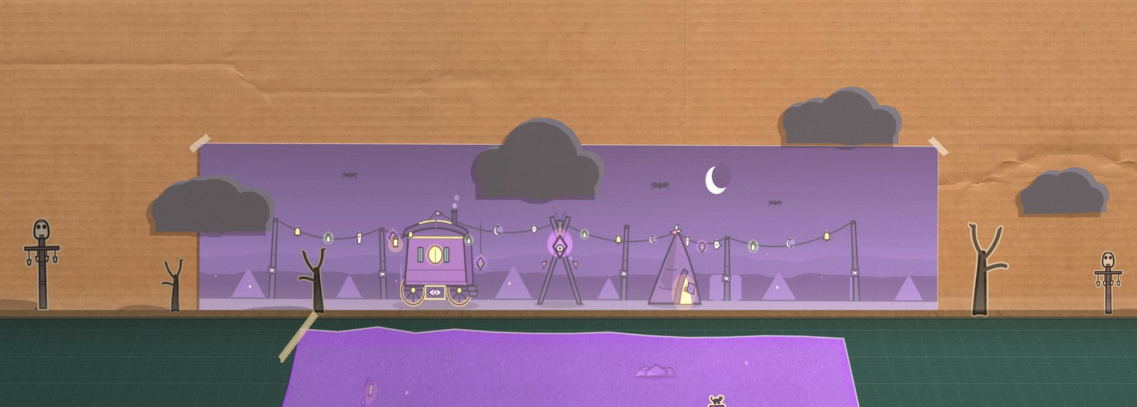 The Cursemonger's Charm Bazaar at night: charm lines sagging between crooked posts under a purple sky, her lit wagon, and a lantern over the counter