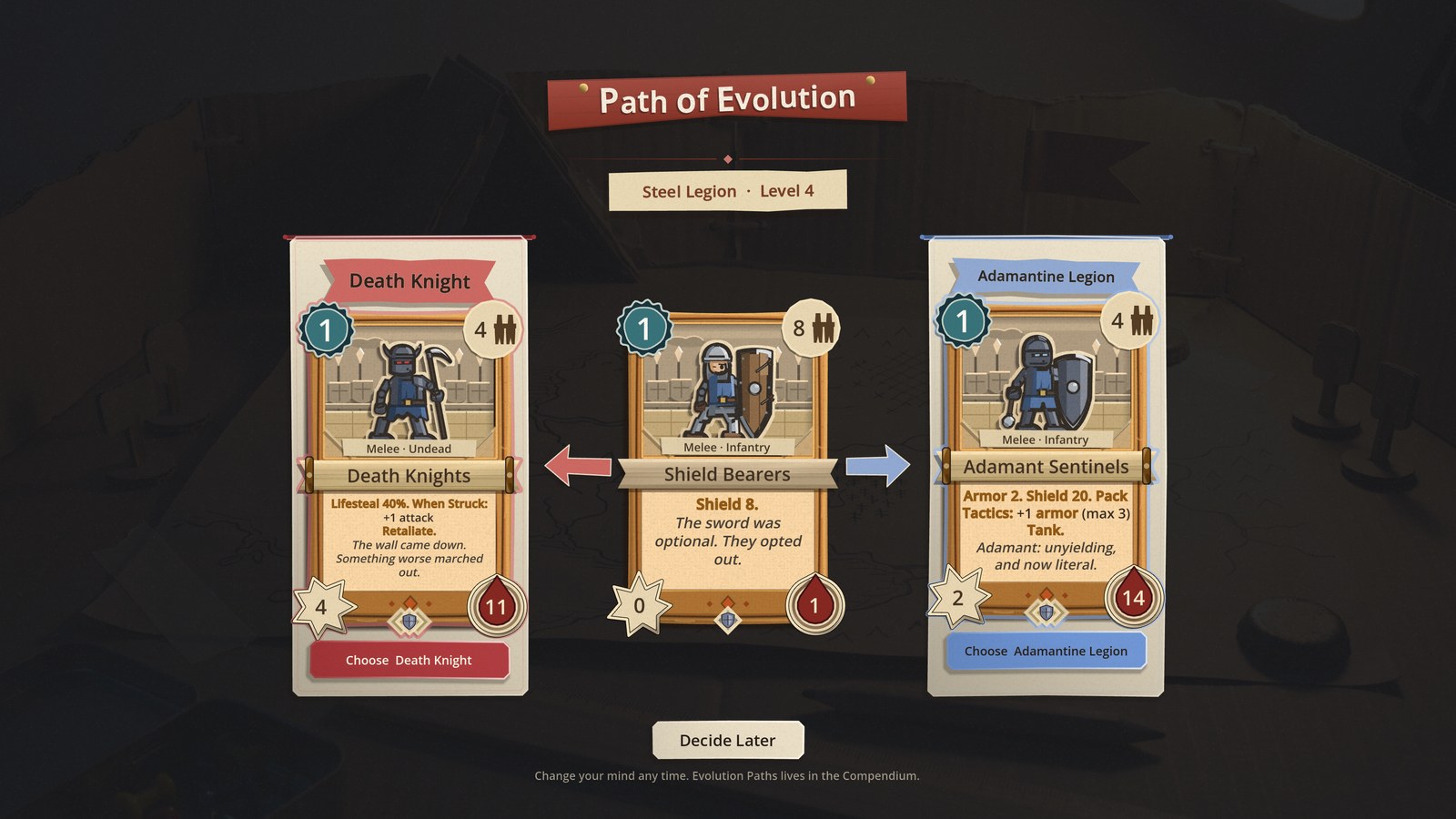 The Path of Evolution screen: Shield Bearers standing once in the middle, a cut-paper arrow to each side, and the two payoffs under swallowtail nameplates cut from their own stock