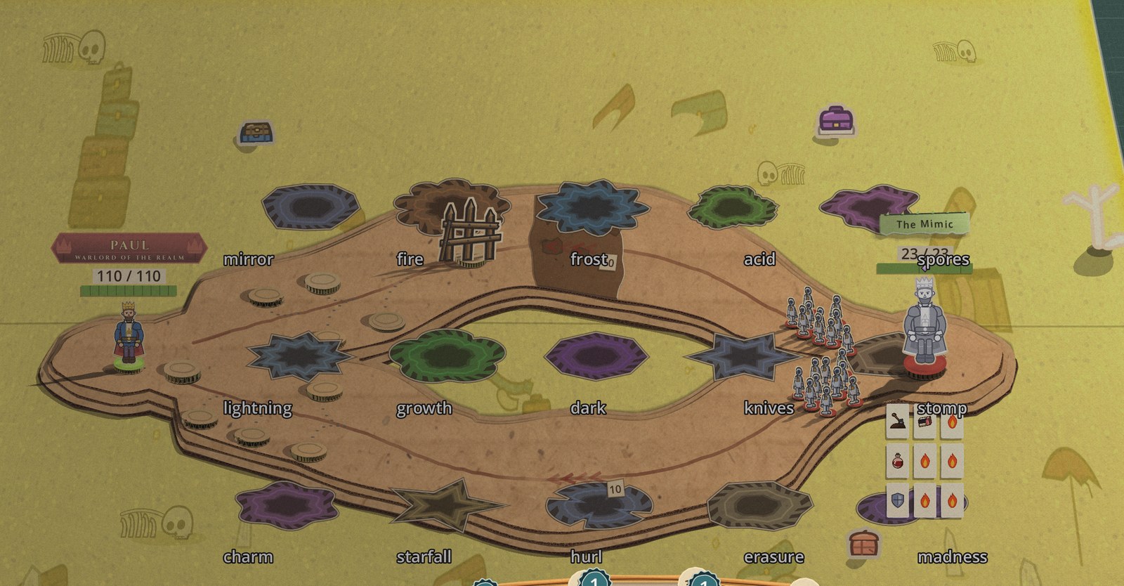 A test sheet of fifteen spell rings laid across a battlefield mat, one per spell family, each cut from that family's own construction paper and labelled underneath, with a warlord at the left edge and The Mimic at the right