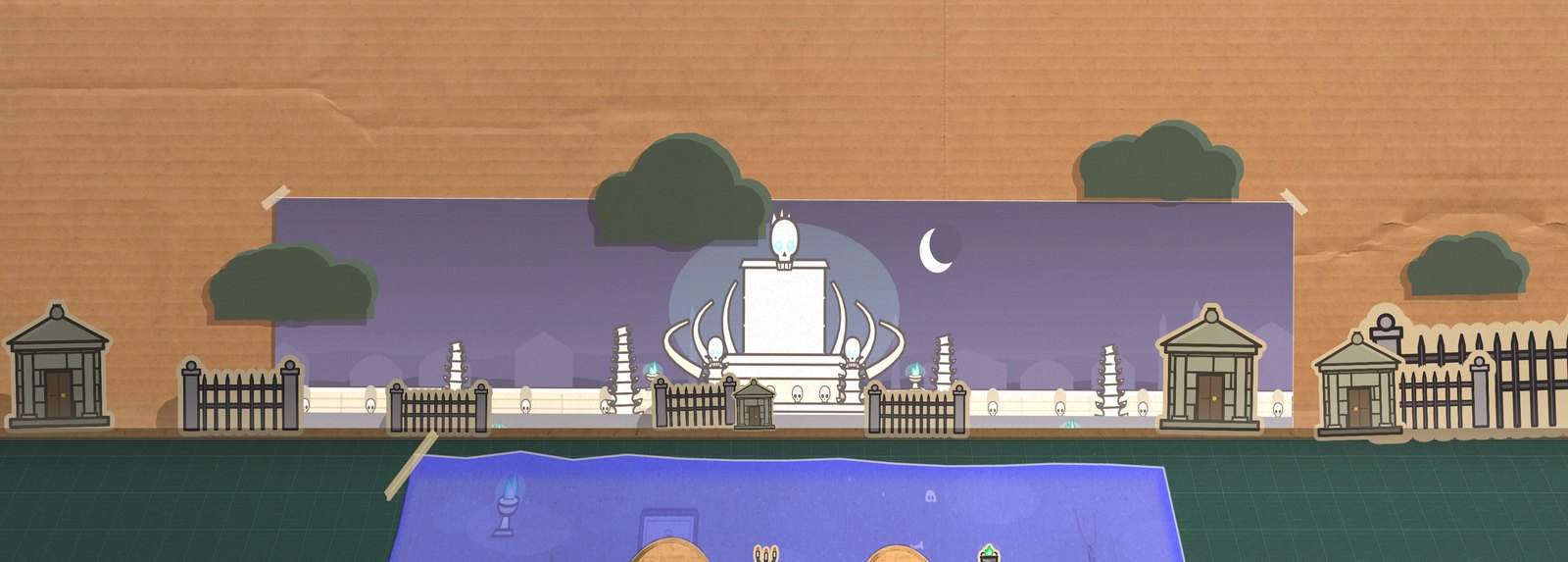 Rex Mortifer's Bone Throne: a chair of pale bone under a skull finial and a crescent moon, ghostfire braziers along a bone-topped wall, and die-cut mausoleums and iron railings standing on the seam in front of it
