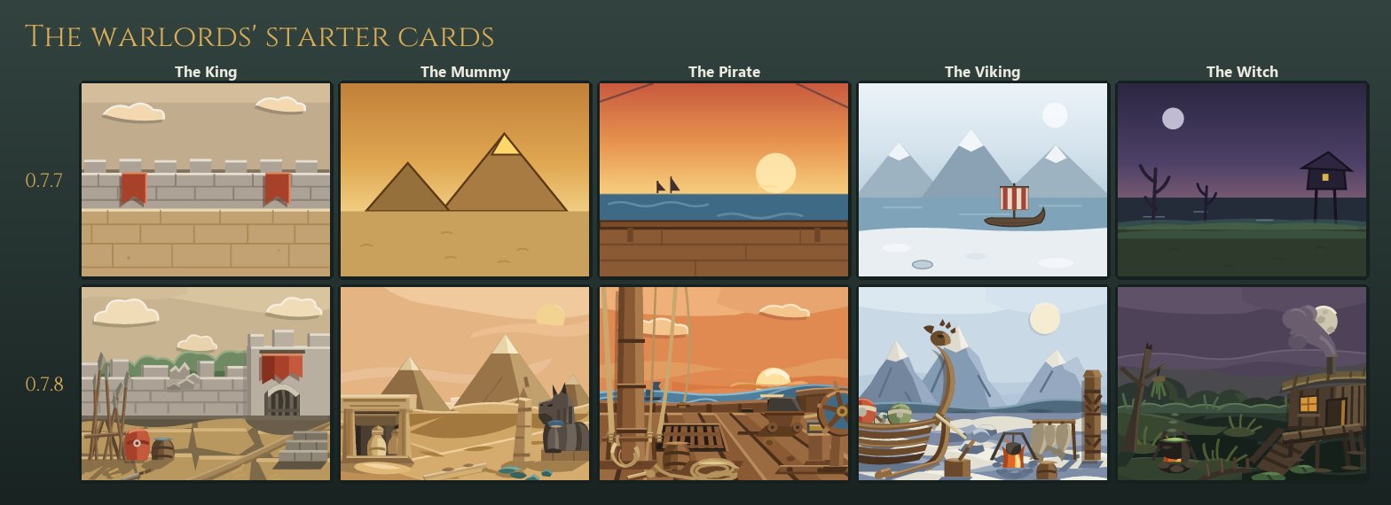 Ten card backdrops in two rows of five, labelled The King, The Mummy, The Pirate, The Viking and The Witch: the 0.7.7 row is flat scenery, a castle wall, two pyramids, a sea horizon, snowy peaks, a hut on stilts; the 0.7.8 row is a cut-paper muster yard, a necropolis with a jackal, a ship's deck with its wheel, a longship on a snowy shore, and a lit hut in a fen