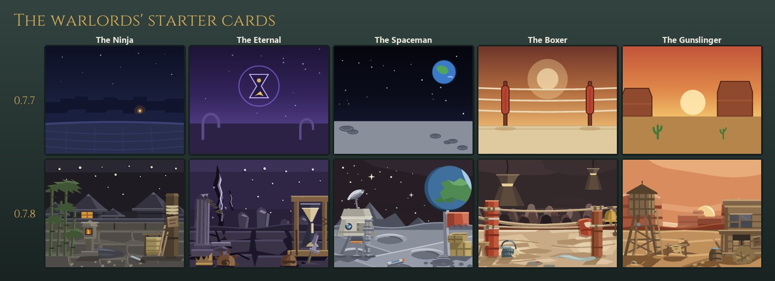 Ten card backdrops in two rows of five, labelled The Ninja, The Eternal, The Spaceman, The Boxer and The Gunslinger: the 0.7.7 row is flat scenery; the 0.7.8 row is a lantern-lit temple courtyard with no moon, a field of standing stones and ruins under a violet sky, grey regolith under a ringed planet, a boxing ring under hall lamps, and a frontier main street at sundown