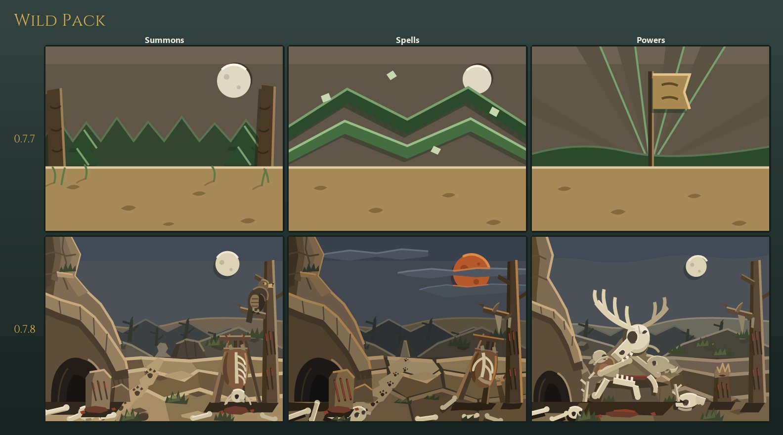Wild Pack's three card backdrops, old and new: the new row is a den in a gully of bones and scree, the same gully at a flat boulder, and the gully at night under a red moon
