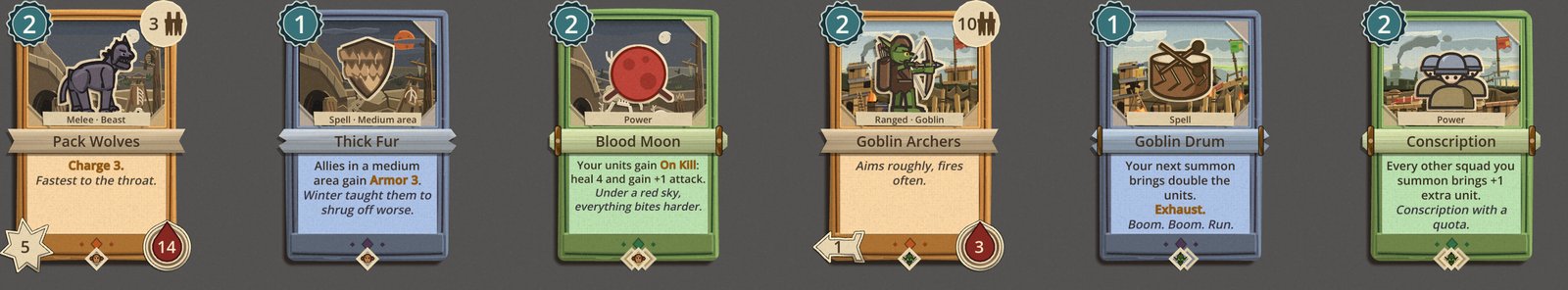 Six card faces on the table: Pack Wolves, Thick Fur and Blood Moon standing in the Bone Gully, then Goblin Archers, Goblin Drum and Conscription standing on the Muckstack