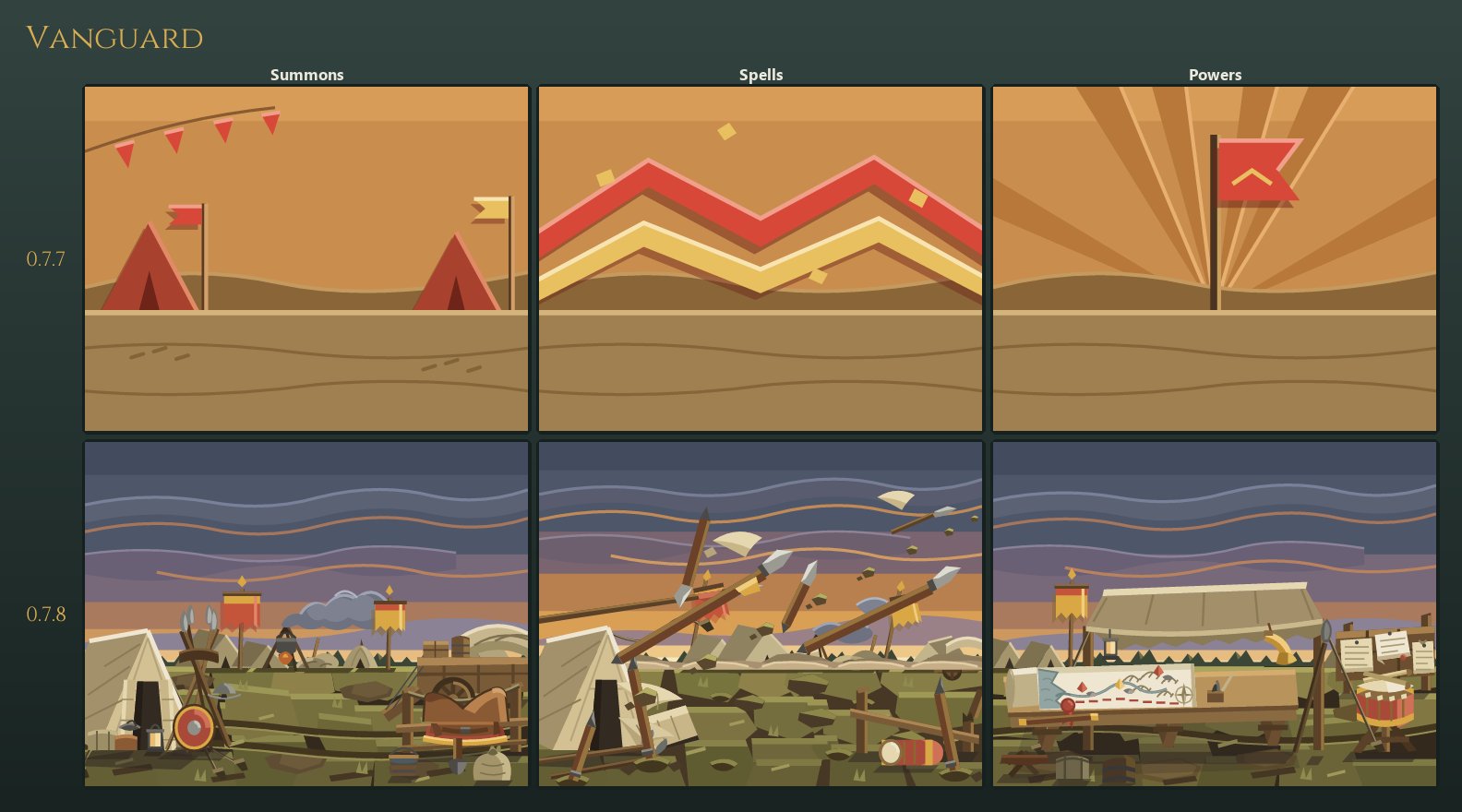 Vanguard's three card backdrops, old and new: the new row is a camp struck at first light with its standards up, the same field at a long trestle table, and the field with the column moving off