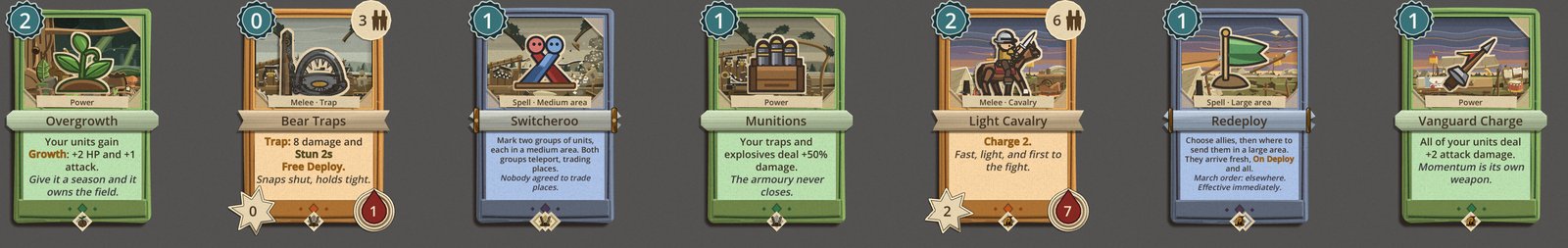 Seven card faces on the table: Overgrowth, Bear Traps, Switcheroo, Munitions, Light Cavalry, Redeploy and Vanguard Charge, each standing in its pack's new scene